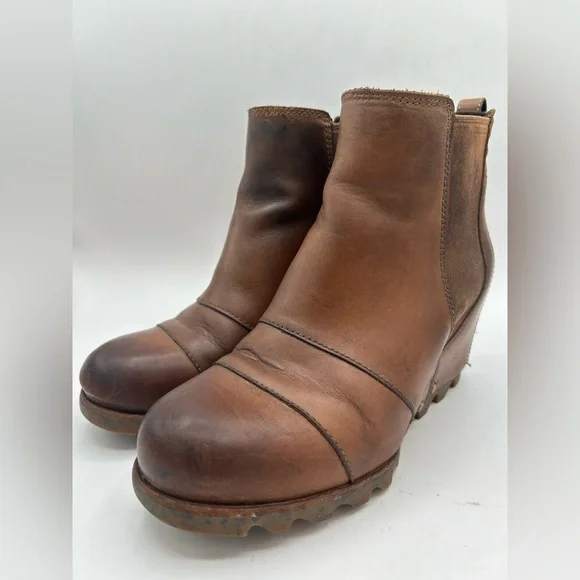 Sorel Women’s Lea Wedge Platform Booties Boots Leather  in Elk Curry Size 7 - Picture 5 of 12